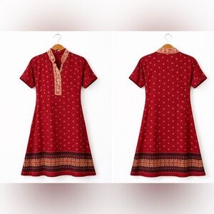 Women's Red Printed Ethnic Dress with Gold Accent